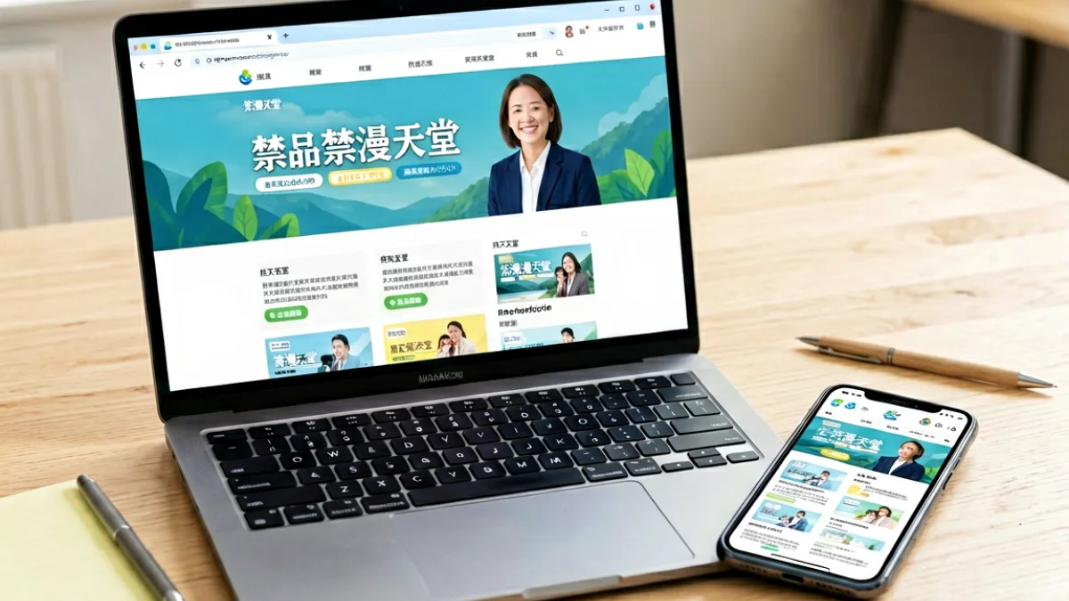 一台笔记本电脑屏幕上打开着禁漫天堂网站的首页界面，旁边是一部显示相同页面的手机，桌面摆放着一支笔和一个便签本，场景为室内办公桌