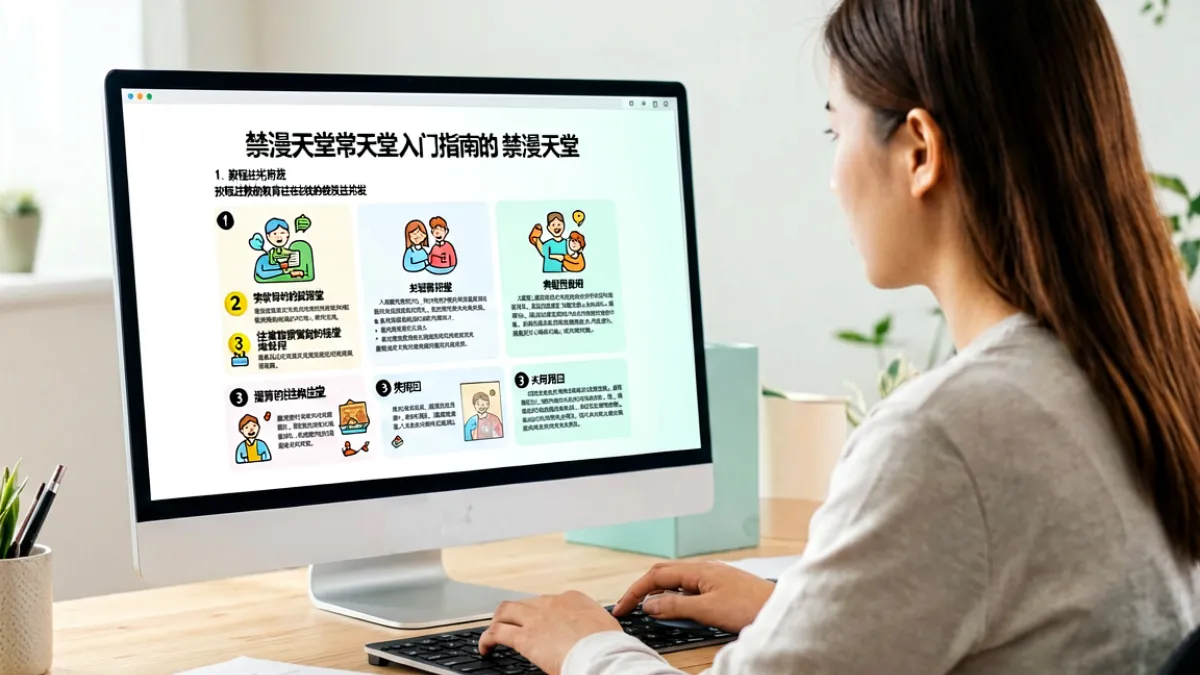 一位读者在电脑前专注阅读禁漫天堂相关主题的教程，屏幕上显示清晰的导航界面，背景是简洁的书桌环境